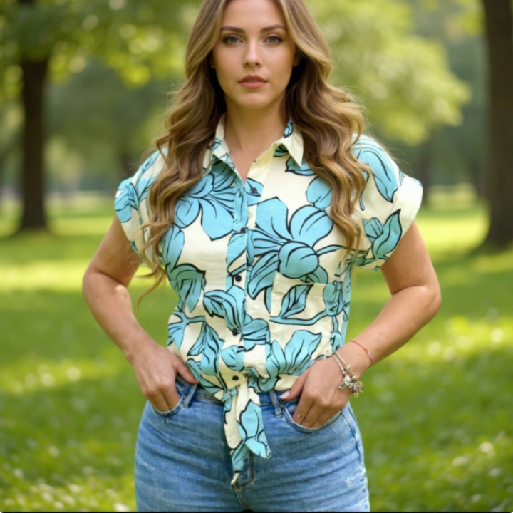 Blusa Azul Manga Corta