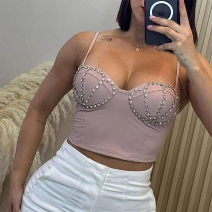 Crop Top Palo de Rosa con Piedras