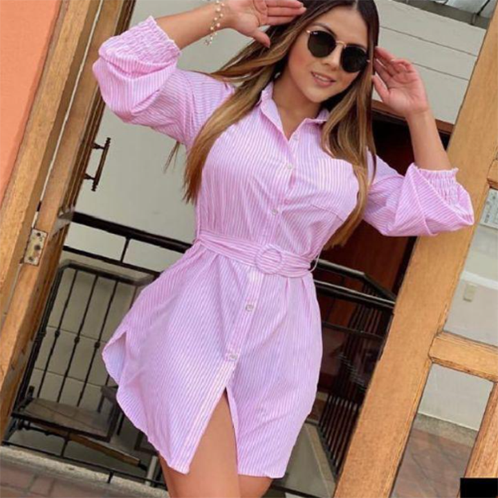 Vestido Camisero Rayas Rosa